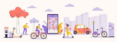 Dibujo de una ciudad con distintos sistemas de movilidad