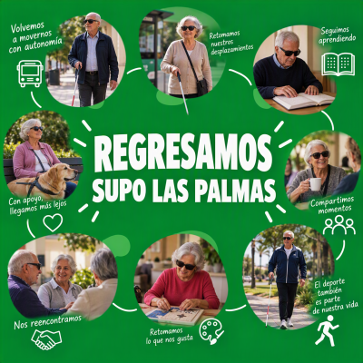 Imagen donde aparece el texto Regresamos Supo Las Palmas y varias fotos al rededor de varias personas realizando diferentes actividades