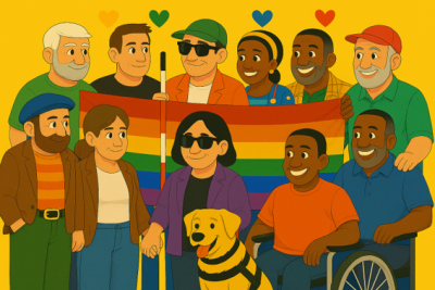 Grupo diverso de personas reunidas bajo una bandera arcoíris, símbolo de inclusión y orgullo compartido. En primer plano destaca un perro guía junto a varias figuras que representan la diversidad y la convivencia en igualdad.