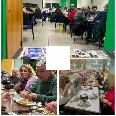 collage con 3 fotos con los asistentes jugando al bingo y comiendo chocolate con churros
