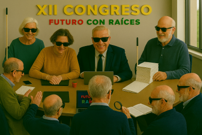 Imagen de socios de SUPO con una trasera que reza XII Congreso de UP ,“Futuro con Raíces”