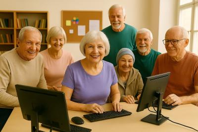 Fotografía de grupo con seis personas mayores sonrientes usando ordenadores en un aula luminosa. Escena transmite aprendizaje, inclusión digital y convivencia intergeneracional en entorno educativo.