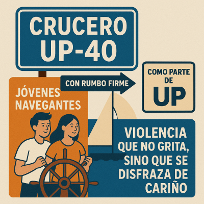 Un cartel ilustrado de temática náutica muestra a dos jóvenes conduciendo un barco junto a señales como "Crucero UP-40" y "Jóvenes navegantes". El mensaje advierte sobre una violencia que no grita, sino que se disfraza de cariño, vinculada a UP