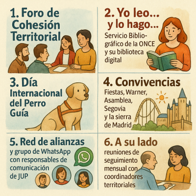 Ilustración informativa con seis actividades de inclusión y apoyo social: foro territorial, biblioteca digital de la ONCE, Día Internacional del Perro Guía, convivencias, red de alianzas y reuniones de seguimiento. Diseño en tonos suaves con personas, un perro guía, iconos de WhatsApp y escenas de convivencia y comunicación comunitaria