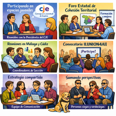 La imagen muestra varias ilustraciones que representan reuniones y actividades de un grupo juvenil. Incluye escenas de personas dialogando en mesas de trabajo, un foro con participantes levantando la mano, y una reunión con un perro guía presente. Los títulos indican participación en espacios juveniles, foros de cohesión territorial, y estrategias de comunicación