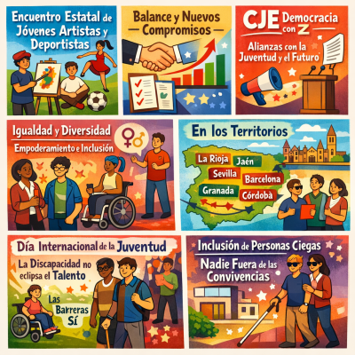 Infografía con un resumen de las principales actividades y proyectos de JUP durante los meses de julio y agosto, acompañada de imágenes de actividades y eventos relacionados con la juventud, el arte y la inclusión, que reflejan la diversidad y el empoderamiento