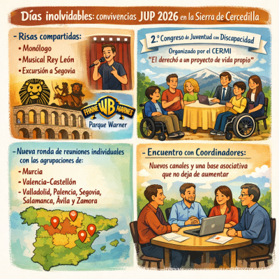  Encuentro "JUP 2026" en la Sierra de Cercedilla con actividades como monólogos, el musical del Rey León y reuniones sobre discapacidad organizadas por CERMI. Se celebrarán encuentros individuales con agrupaciones de diversas comunidades y coordinadores discutirán nuevos canales y expansión asociativa