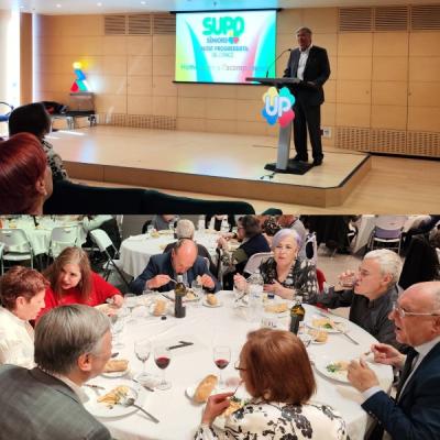 En la parte superior, presidente de SUPO, Pere Badia, hablando en el homenaje. En la inferior, varios asistentes durante la comida.