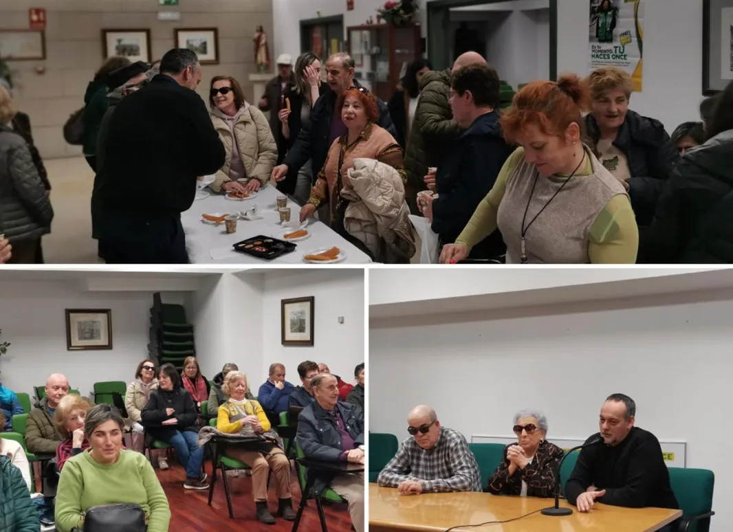 Collage con 3 imágenes de la actividad. En la parte de arriba se puede ver una foto del grupo de participantes disfruttando de una chocolatada, y en la parte de abajo, a la izquierda se ve una imagen de los participantes en el salón de actos y en la parte derecha se ve una foto de los organizadores hablando desde una mesa en el salón de actos.