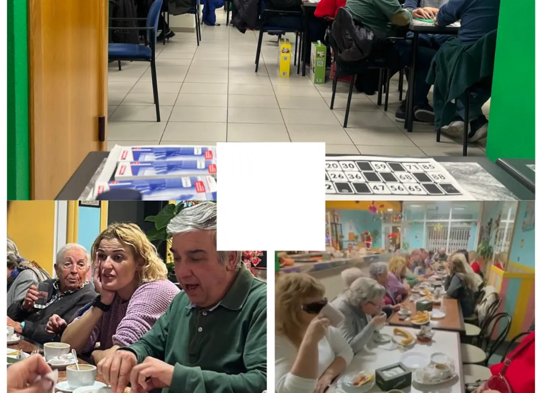 collage con 3 fotos con los asistentes jugando al bingo y comiendo chocolate con churros