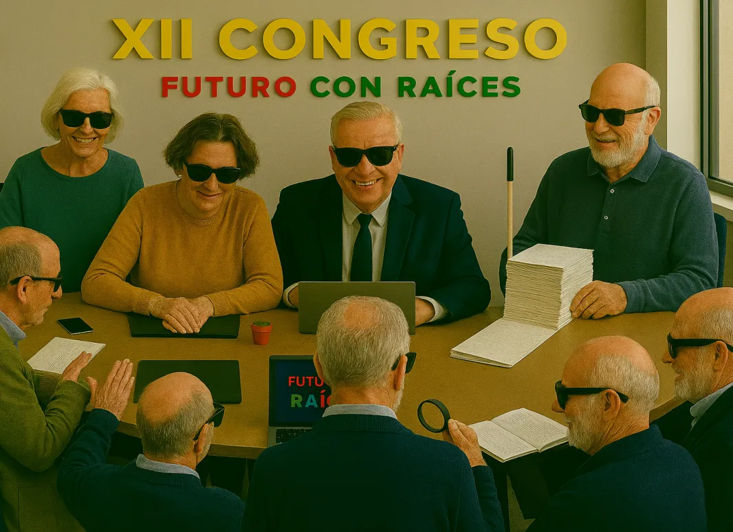 Imagen de socios de SUPO con una trasera que reza XII Congreso de UP ,“Futuro con Raíces”
