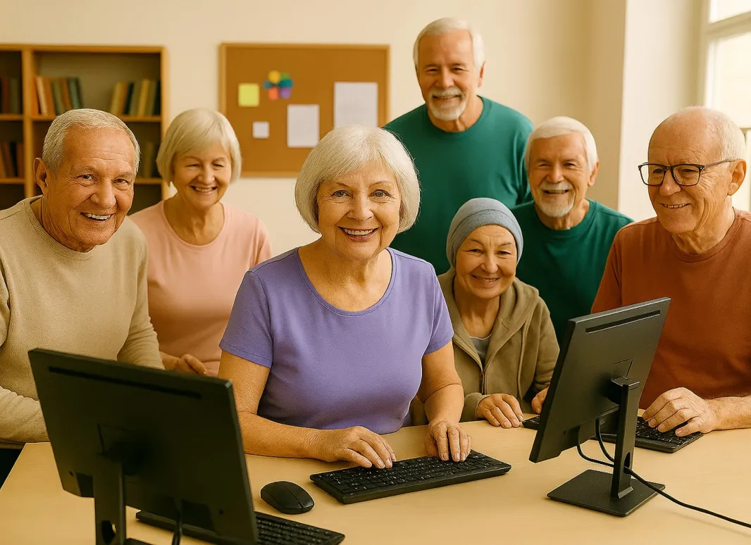 Fotografía de grupo con seis personas mayores sonrientes usando ordenadores en un aula luminosa. Escena transmite aprendizaje, inclusión digital y convivencia intergeneracional en entorno educativo.