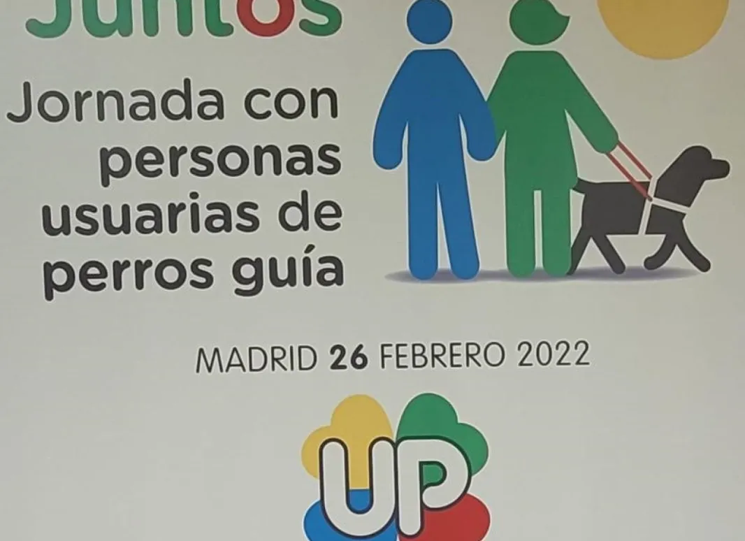 Cartel con título Caminamos Juntos Jornada con personas usuarias de perro guía.