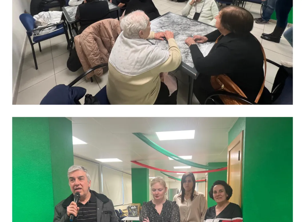 todos los asistentes en las mesas jugando al bingo y el Presidente de SUPO Alicante hablando con el micro, junto a una de sus Secretarias Adjuntas y las representantes de Servicios Sociales.