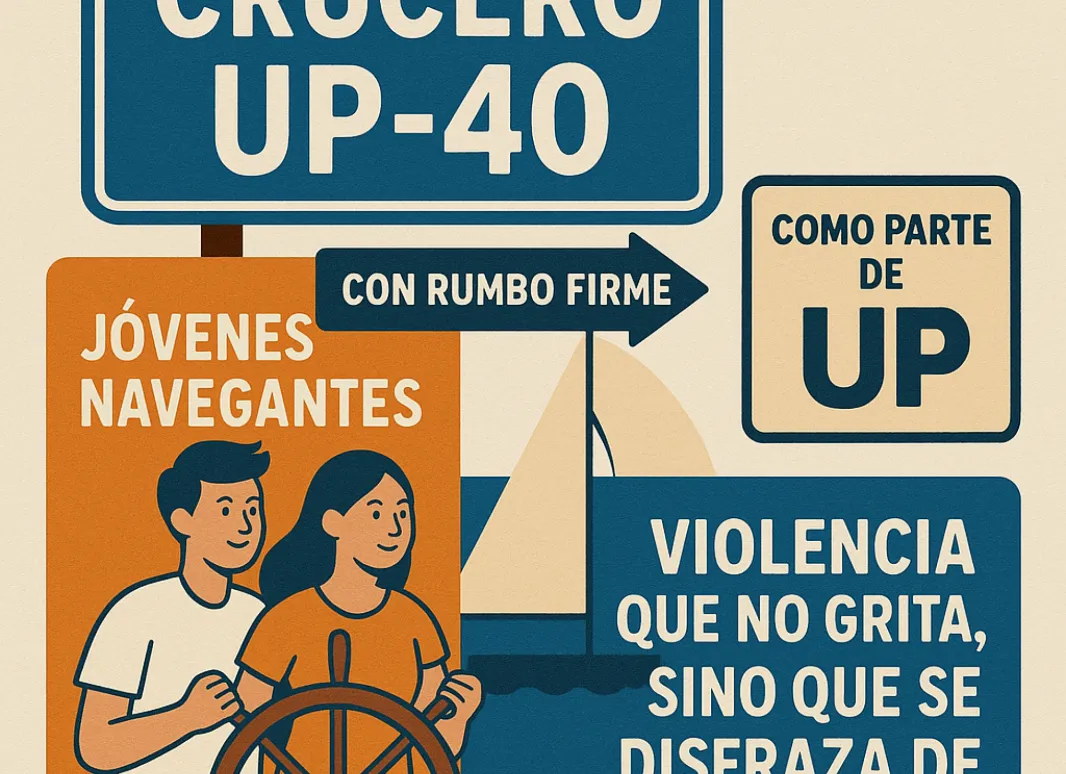 Un cartel ilustrado de temática náutica muestra a dos jóvenes conduciendo un barco junto a señales como "Crucero UP-40" y "Jóvenes navegantes". El mensaje advierte sobre una violencia que no grita, sino que se disfraza de cariño, vinculada a UP
