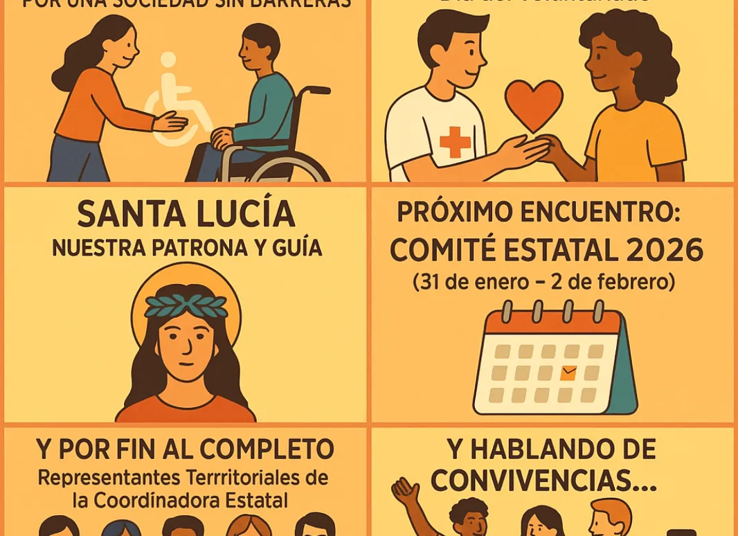 Ilustración informativa dividida en seis secciones que muestra iniciativas sociales y juveniles: inclusión y accesibilidad, voluntariado con Cruz Roja Juventud, homenaje a Santa Lucía, anuncio del Comité Estatal 2026, equipo completo de representantes territoriales y actividades de convivencias