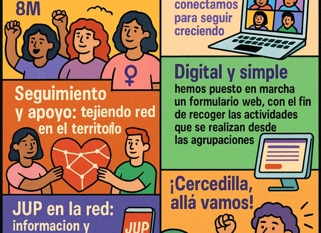Ilustración en viñetas coloridas sobre una organización: mujeres reivindicando la igualdad por el 8M, coordinación estatal en línea, trabajo en red en el territorio, formulario digital para recoger actividades, nueva identidad visual y anuncio de convivencias en Cercedilla