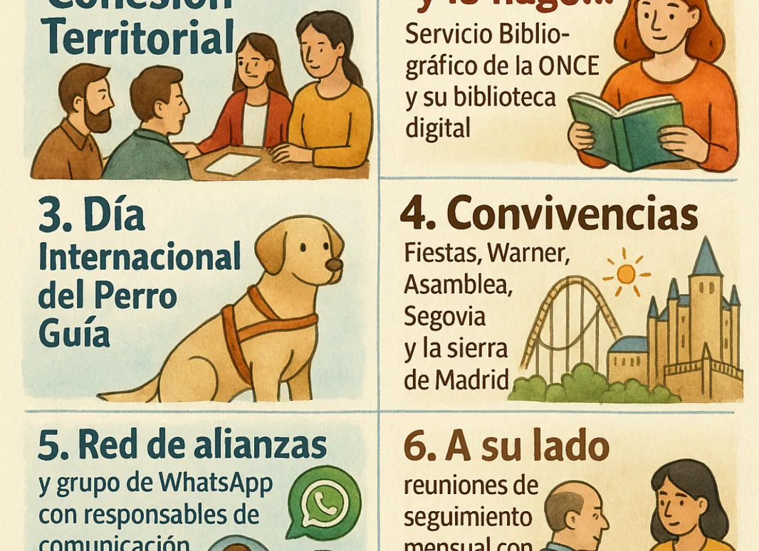 Ilustración informativa con seis actividades de inclusión y apoyo social: foro territorial, biblioteca digital de la ONCE, Día Internacional del Perro Guía, convivencias, red de alianzas y reuniones de seguimiento. Diseño en tonos suaves con personas, un perro guía, iconos de WhatsApp y escenas de convivencia y comunicación comunitaria