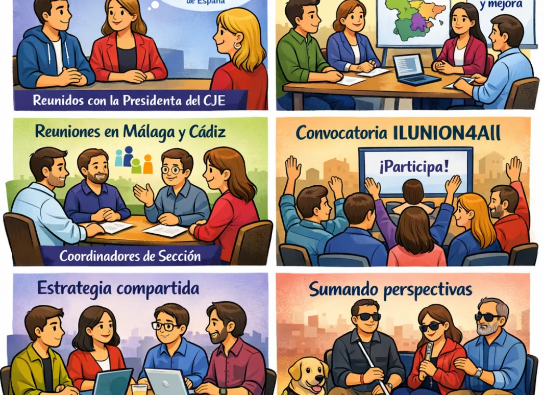 La imagen muestra varias ilustraciones que representan reuniones y actividades de un grupo juvenil. Incluye escenas de personas dialogando en mesas de trabajo, un foro con participantes levantando la mano, y una reunión con un perro guía presente. Los títulos indican participación en espacios juveniles, foros de cohesión territorial, y estrategias de comunicación