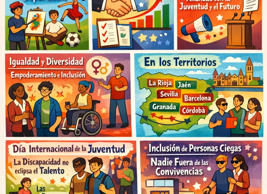 Infografía con un resumen de las principales actividades y proyectos de JUP durante los meses de julio y agosto, acompañada de imágenes de actividades y eventos relacionados con la juventud, el arte y la inclusión, que reflejan la diversidad y el empoderamiento
