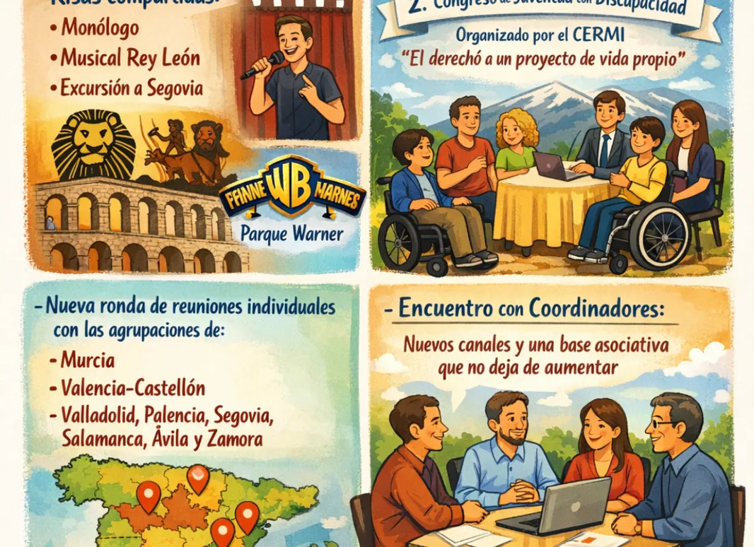 Encuentro "JUP 2026" en la Sierra de Cercedilla con actividades como monólogos, el musical del Rey León y reuniones sobre discapacidad organizadas por CERMI. Se celebrarán encuentros individuales con agrupaciones de diversas comunidades y coordinadores discutirán nuevos canales y expansión asociativa