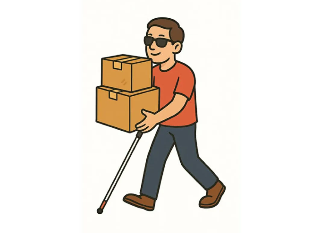 Ilustración de un hombre ciego con bastón realizando una mudanza con cajas de cartón