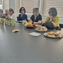 Reunión de la Comisión de Sección de Seniors de la ONCE en Sevilla. En la sesión participan, entre otros compañeros, Isabel Viruet, Mercedes de Luna y Loli Carmen Polo. Sobre la mesa se observan documentos, zumos, fruta y aperitivos, denotándoes un ambiente de trabajo ameno y  participativo.