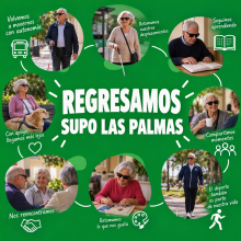Imagen donde aparece el texto Regresamos Supo Las Palmas y varias fotos al rededor de varias personas realizando diferentes actividades