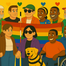Grupo diverso de personas reunidas bajo una bandera arcoíris, símbolo de inclusión y orgullo compartido. En primer plano destaca un perro guía junto a varias figuras que representan la diversidad y la convivencia en igualdad.