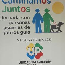 Cartel con título Caminamos Juntos Jornada con personas usuarias de perro guía.